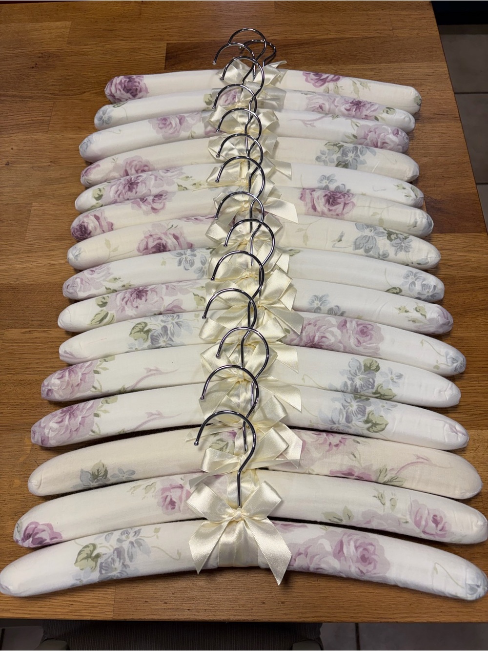 Set of Padded Floral Hangers with Satin Bows - Cream and Lavender